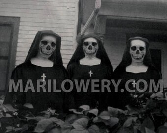 Creepy Halloween Art, 10x8 Inch Print, Three Nuns, Skull Faces, Dark Art Print, Halloween Decor, Macabre Decor, frighten, Creepy Artwork