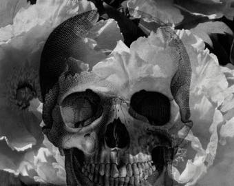 Creepy Skeleton Art Black and White Skull and Flowers Mixed Media Collage Halloween Decor Dark Wall Art 8x10 Print, frighten