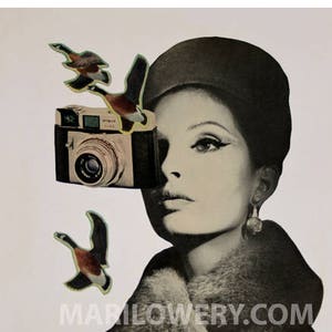 Vintage Camera Art, 8.5 x 11 inch Print, Surreal Art, Retro Decor, Paper Collage Print, Altered Portrait, Beautiful Woman, frighten