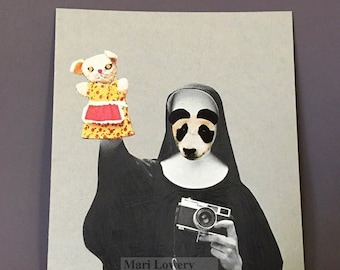 Weird Art Panda Bear Nun, One of a Kind Mixed Media Paper Collage, Unusual Collage Art 6 x 7 1/4 inch Art on Paper