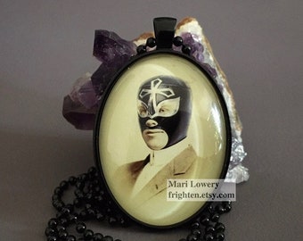 Lucha Libre Art Black Pendant Necklace with Long Chain and Gift Box, Luchador Jewelry, frighten