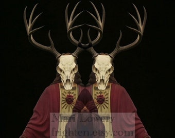 Dark Art Print, Jesus with Skull and Antlers Macabre 8x10 Inch Digitial Collage