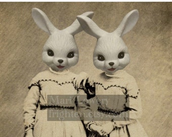 Bunny Rabbits in Dresses Easter Wall Art, 8x10 Inch Anthroporphic Collage Art Print