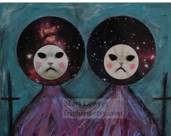 Weird Cat Art Colorful Blue and Purple Twin Persian Cats in Space 10 x 8 Inch Mixed Media Collage Print