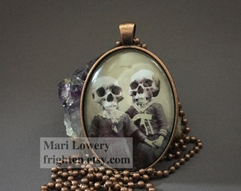 Skull Art Gothic Pendant Necklace with Long Chain, Halloween Jewelry Creepy Twin Sisters Collage Art Dark Jewelry