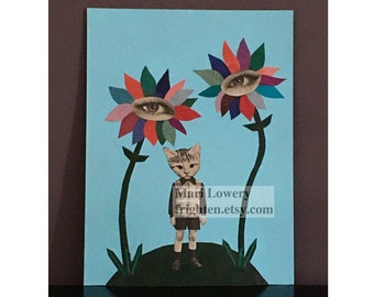 Weird Cat Art Colorful One of a Kind Mixed Media Collage, 6 x 8 Inch Paper Collage Surreal Floral Art, The Eyes of Spring