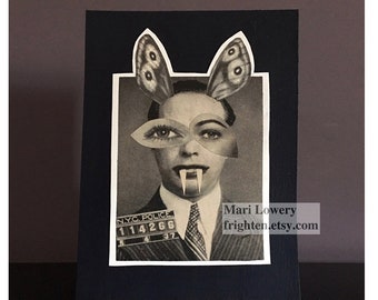 Weird Art One of a Kind Mixed Media Collage Altered Paper Collage on Mugshot Print, 4 1/2 x 6 Inch Small Wall Art