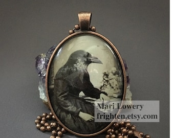 Raven Art Gothic Pendant Necklace with Long Chain, Halloween Jewelry Bird Collage Art Dark Jewelry