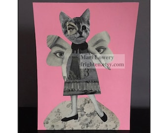 Weird Cat Art One of a Kind 6 x 8 Inch Mixed Media Collage, Pink and Gray Unusual Animal Paper Collage Art