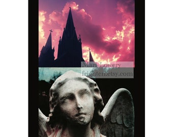 Colorful Haunting Church and Cemetery Photography Print, 8x10 Inch Diptch Wall Art