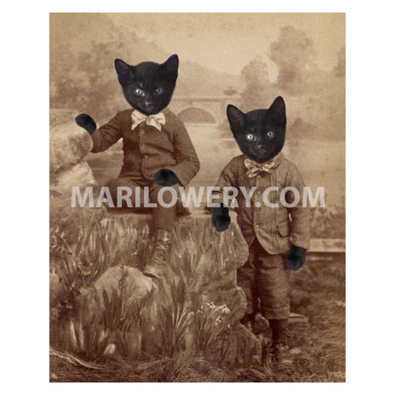 Black Cats Twin Brothers Animals in Clothes 8 x 10 Inch Art Print, Anthropomorphic, Victorian Animals, Halloween Decor, Cat Gift Idea image 1