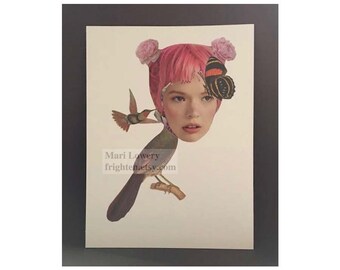 Strange Artwork Bird Woman with Pink Hair, Surreal Art 9 x 12 Inch Paper Collage, Unique Wall Art