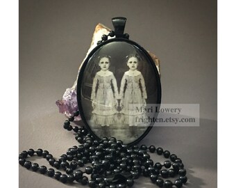 Creepy Twins Art, Halloween Pendant, Black Necklace with Long Chain, Halloween Jewelry