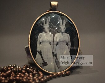 Creepy Rabbit Mask Steampunk Art Pendant Halloween Necklace with Long Chain, Creepy Twins in Bunny Rabbit Masks Jewelry