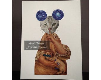 Weird Cat Art, One of a Kind Paper Collage, Surreal Animal Art, 9 x 12 Inch Cat in Clothes Collage