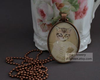 Cat in Dress Animal Pendant Necklace with Long Chain, Animal in Clothes, Wearable Art, Pet Cat Jewelry, frighten