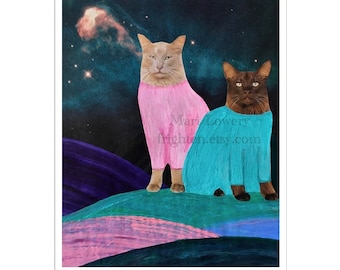 Colorful Cat Art Mixed Media Collage 8.5 x 11 Inch Print, Cats in Space Weird Collage Art