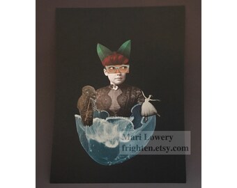 Unusual One of a Kind Bohemian Paper Collage, 9 x 12 inch Victorian Woman with Cat Ears Avante Garde Paper Art