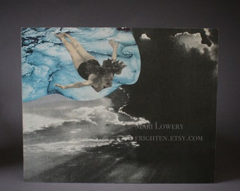 Bohemian Surreal Original Collage Art One of a Kind Woman Diving Black and Blue 10x 8 Inch Mixed Media Collage