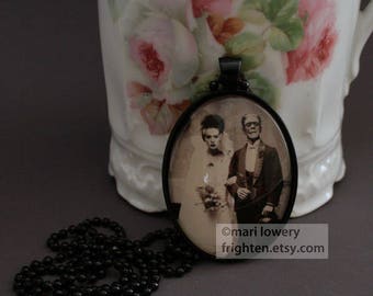 Frankenstein and Bride of Frankenstein Wedding Bride and Groom Art Pendant Necklace with Long Black Chain, Halloween Jewelry