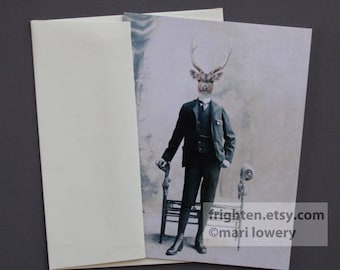 Deer Note Card, Stag Art, Eco-Friendly Blank Note Card with Envelope, Father's Day, Greeting Card for Men, For Him, Animal in Suit, Oddities