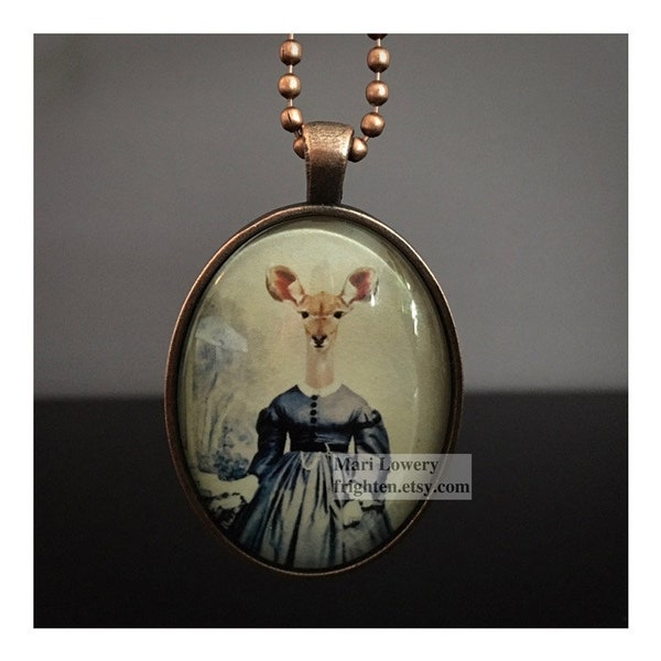 Animal in Clothes Deer Necklace, Gazelle Art Copper Pendant Necklace with Long Chain and Box, Unusual Jewelry