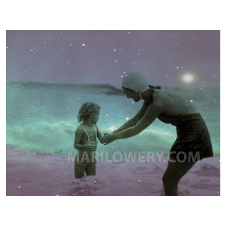 Aquamarine and Purple Ocean Celestial Space Summer Mother and Child 11 x 8.5 Inch Mixed Media Collage Art Print image 1