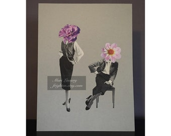 Floral Spring Art One of a Paper Collage, 9 x 12 Inch Pink and Gray Retro Fashion Artwork on Paper