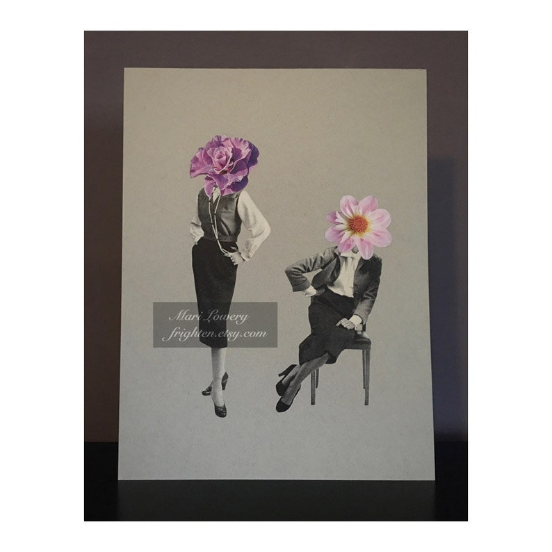 Floral Spring Art One of a Paper Collage, 9 x 12 Inch Pink and Gray Retro Fashion Artwork on Paper image 1