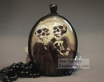 Skull Art Gothic Pendant Necklace with Long Black Chain, Halloween Jewelry Creepy Twin Sisters Collage Art Dark Jewelry