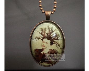 Avante Garde Copper Pendant Necklace with Long Chain and Gift Box, Woman with Tree Hair Wearable Art Jewelry, frighten