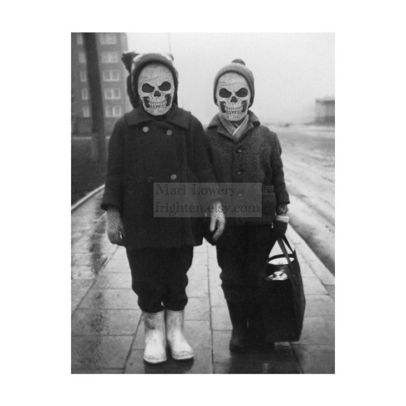 Halloween Wall Art, Creepy Kids with Skeleton Masks, Horror Decor, 5x7 Inch Collage Art Pri t image 1