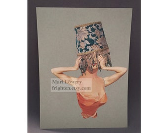 Weird Fashion Paper Collage, Woman with Vintage Lampshade, 9 x 12 Orange and Gray Mid-Century Modern Handmade Paper Art
