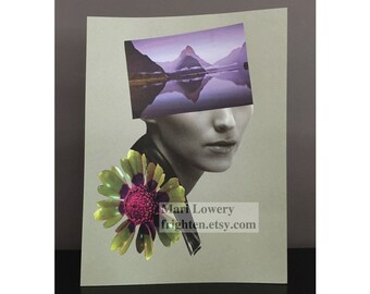 Surreal Art One of a Kind 9 x 12 Inch Paper Collage, Gray and Purple Feminine Fashion Wall Decor