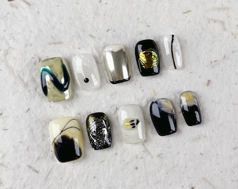 Chic Short Square Press On Nails in Black and White with Silver, Abstract Geometric Art Design for Trendy Women and Evening Outings