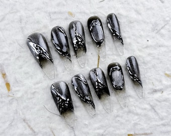 Edgy Long Stiletto Press On Nails, Black Gray Gradient, Liquid Metal Shine, Fake Nails For Punk Parties, Concerts And Futuristic Outfits