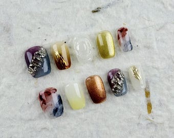 Artistic Short Square Press On Nails in Rainbow Colors with Metallic Accents, Gradient Designs, and Water-Ink Style, Ideal for Parties