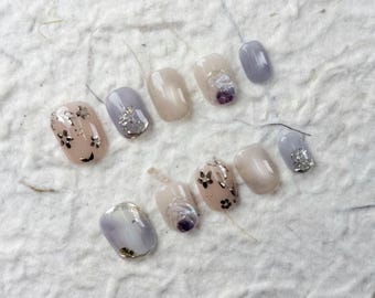 Charming Short Square Press On Nails in Soft Pink & Purple, with Silver Sequins, Hand-painted Flowers, and a Sweet Aesthetic for Casual Days