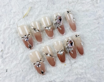 Dreamy Long Almond Press On Nails in Pink Apricot Gradient with Crystals, Silver Accents and Pearls, Fake Nails for Romantic Evenings