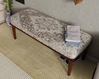 Rug Upholstered Ottoman Bench, Boho Entryway Bench, Vintage Style Seating