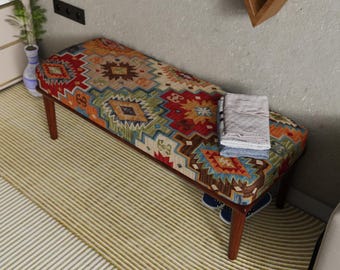 Handcrafted Ottoman Bench with Rug Upholstery, Entryway Seating, Boho Style Wooden Bench Furniture
