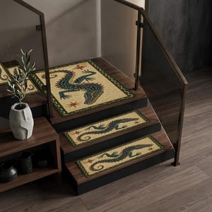 May include: Stair treads with a beige background and a detailed illustration of a blue alligator. The alligator design is framed with a green border and red star accents. The treads are placed on wooden stairs.