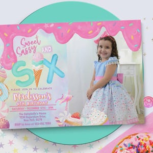 Sweet Sassy and SIX 6th Birthday Invitation with photo Birthday Party Invitation ice cream Girl Donut Party Pastel Rainbow Sprinkle 0320