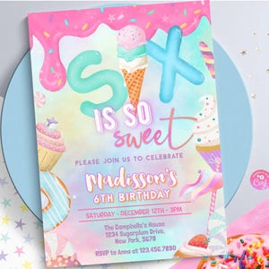 Six is so sweet 6th Birthday Invitation Birthday Party Invitation Pastel icecream Girl Donut Party Pastel Rainbow Sprinkle Photo 0320