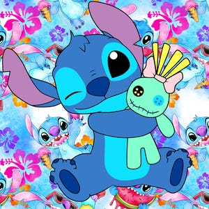 Peut inclure: Un personnage de dessin anim&eacute; bleu, les yeux ferm&eacute;s, serre dans ses bras une poup&eacute;e verte avec un n&oelig;ud jaune. Le fond est un motif r&eacute;p&eacute;titif du personnage bleu, de cornets de glace et de fleurs roses et violettes.