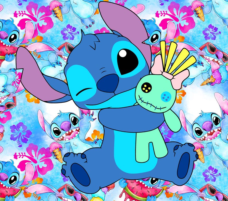 Peut inclure: Un personnage de dessin anim&eacute; bleu, les yeux ferm&eacute;s, serre dans ses bras une poup&eacute;e verte avec un n&oelig;ud jaune. Le fond est un motif r&eacute;p&eacute;titif du personnage bleu, de cornets de glace et de fleurs roses et violettes.