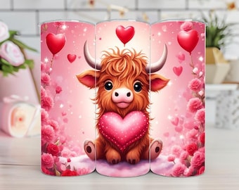 Gobelet 20 oz Vache Highland, Saint-Valentin, coeurs, Saint-Valentin, tasse à café, fleurs d'amour