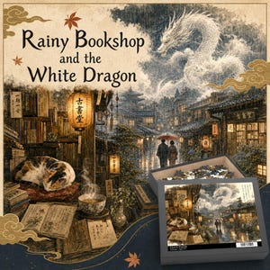 The Rainy Bookstore and the White Dragon -Japanese Rainy Kyoto Jigsaw Puzzle, Cat & Old Bookstore Scene with Dragon Spirit,Cozy Art Gift-
