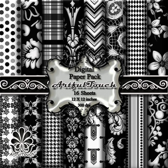 Black Floral Digital Paper: Black and White Digital Paper, Floral Digital  Paper, Black Scrapbook Paper, Black Floral Paper Instant Download