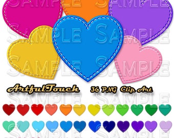 36 PNG Digital Clipart, Digital Clip art, Stitched Heart Clipart, Heart Clip Art, Rainbow Hearts ClipArt Digital Graphics, INSTANT DOWNLOAD